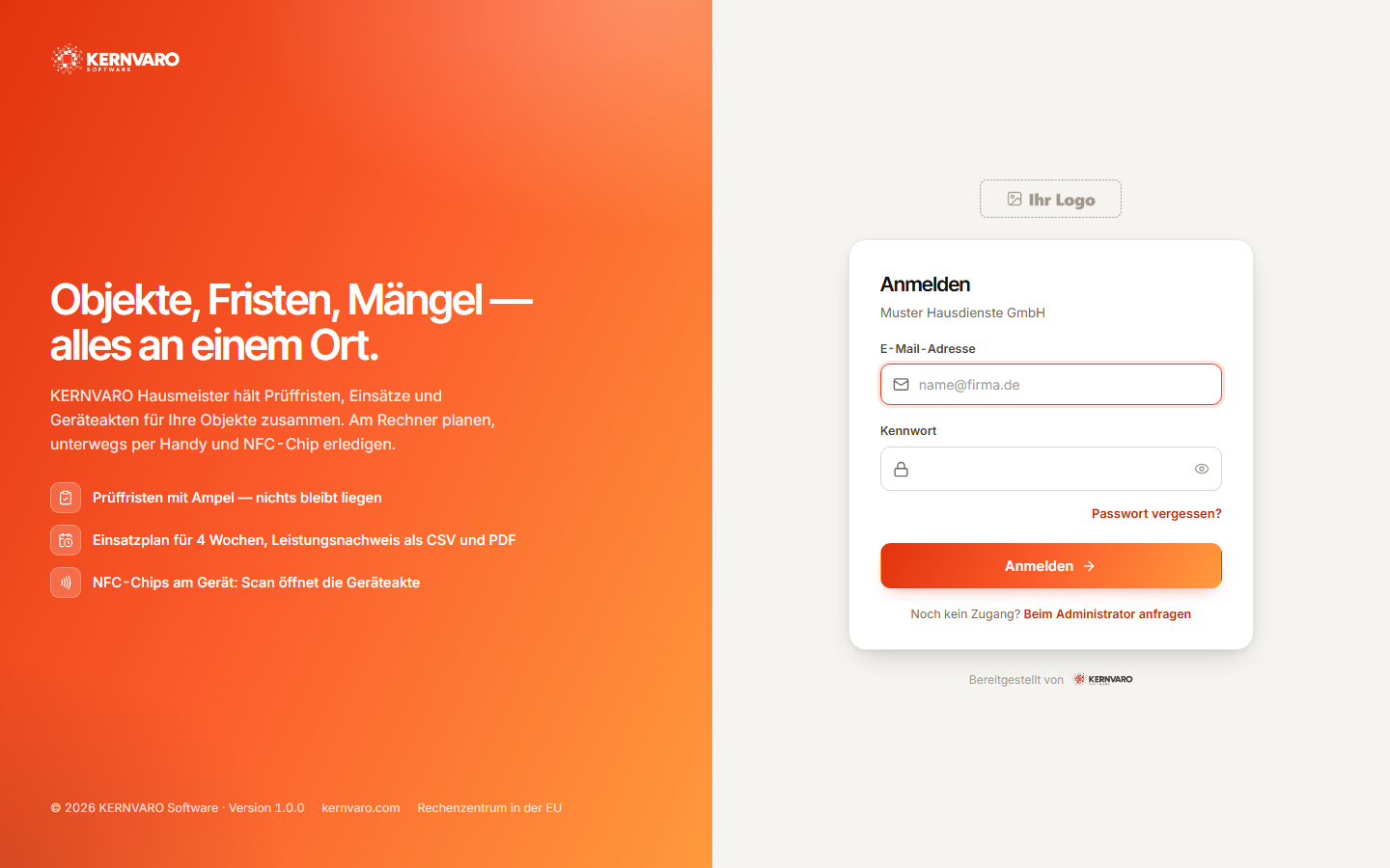 Die Anmeldung — mit Ihrem Logo.