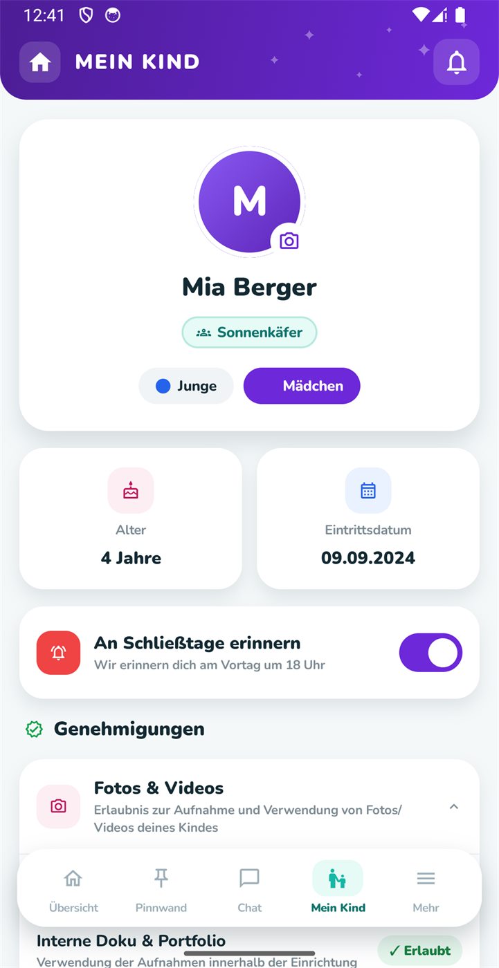 Mein Kind: Stammdaten, Genehmigungen, Foto.