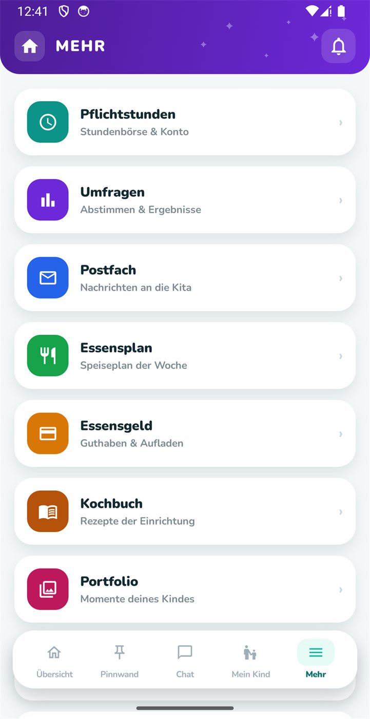 Essensplan, Umfragen, Pflichtstunden, Portfolio.