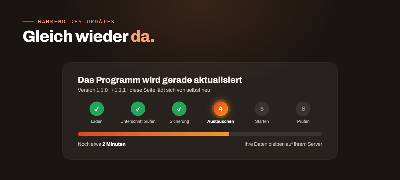 Der Update-Bildschirm zeigt jeden Schritt — und lädt sich von selbst neu