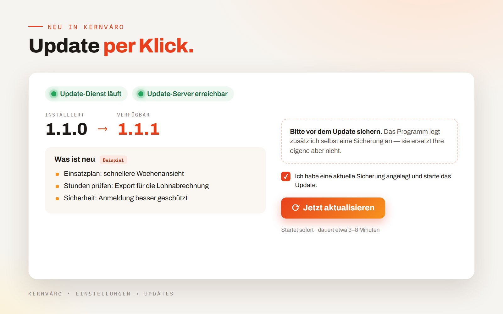 Die neue Update-Seite: Version, Neuerungen und der Knopf „Jetzt aktualisieren“